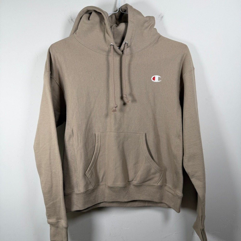 Champion Women's Reverse Weave Hoodie Small Tan Logo Pullover Sweatshirt